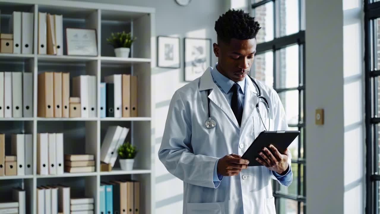 A doctor in a bright office reviews a tablet, captured from a side angle