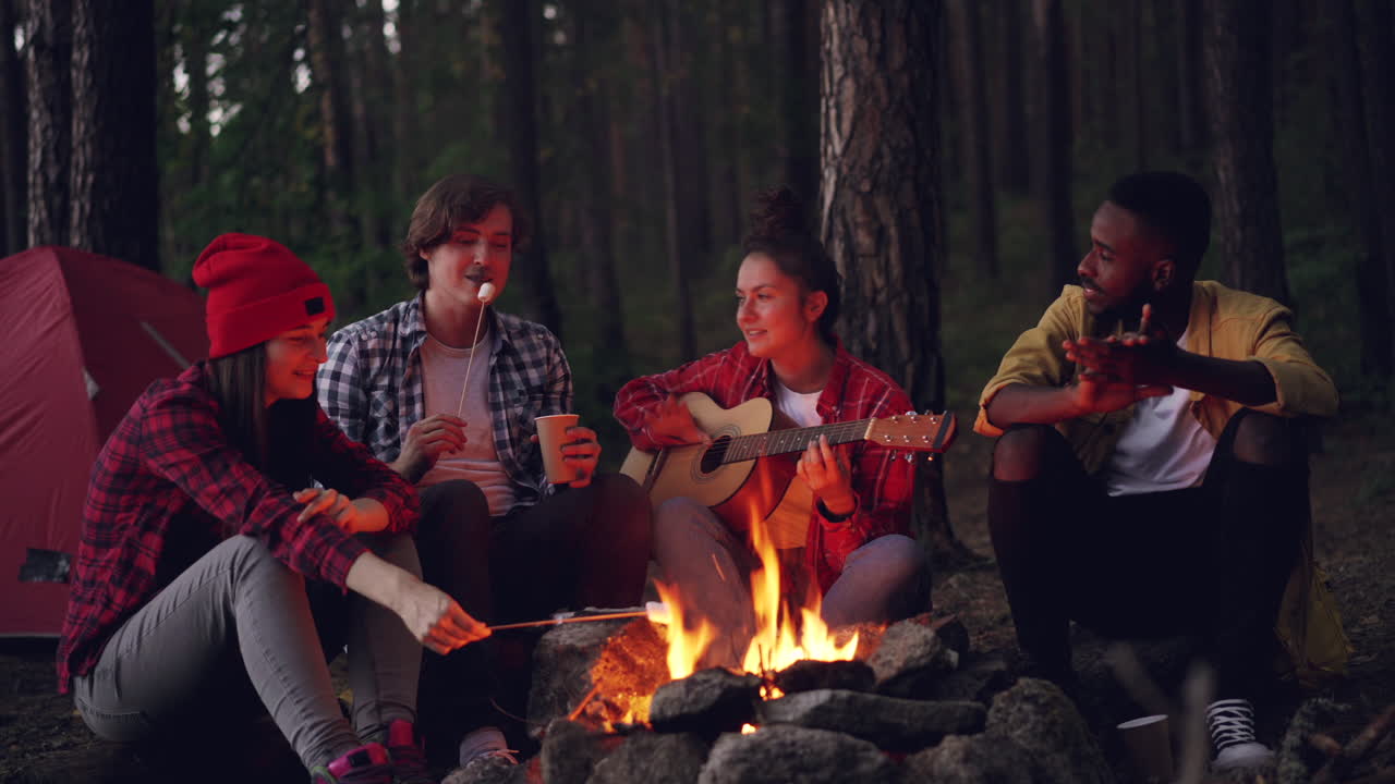 친구 들 이 캠프 불 밤 을 즐기고 있다