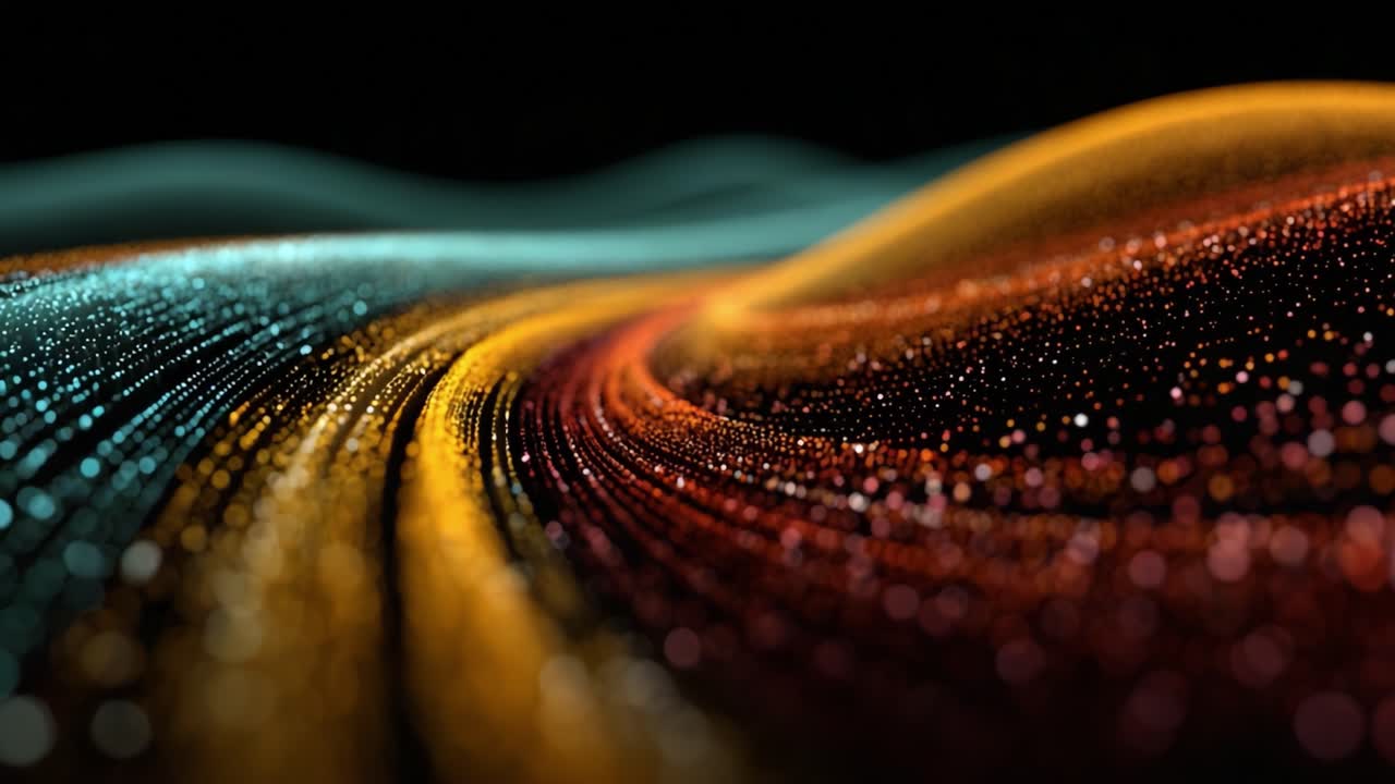 A mesmerizing wave of shimmering particles dances across a dark canvas, creating a captivating visual spectacle that draws the viewer into its colorful depths