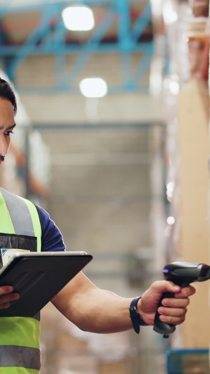 Man using tablet and barcode scanner in warehouse