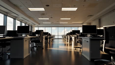 empty modern office space with desks and computers