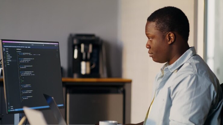 Man Working on Laptop and Desktop in Home Office