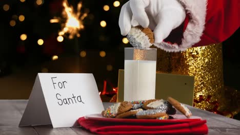 animación de santa claus recogiendo galletas sobre manchas anaranjadas de luz