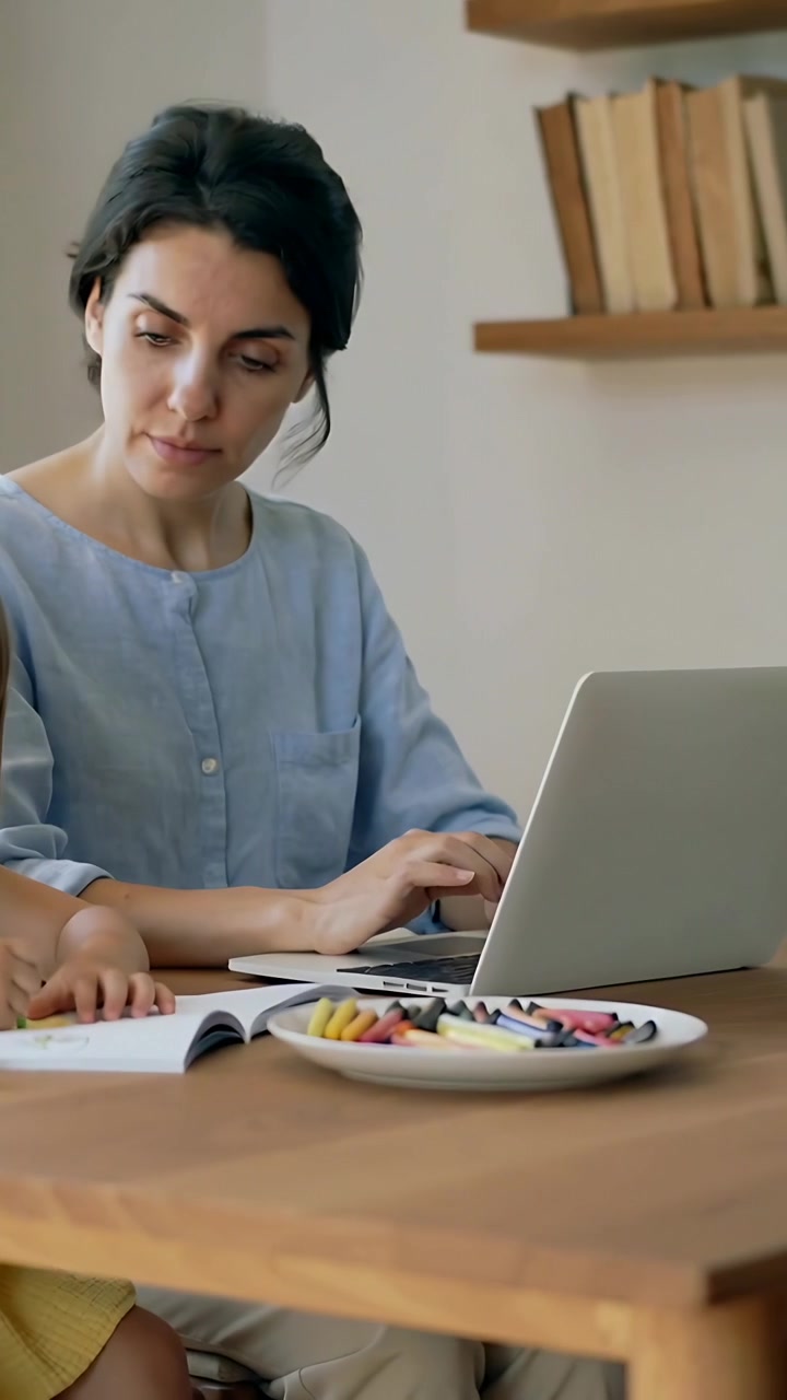 Video vertical: Abriendo un portátil, mujer con blusa azul escribiendo en una mesa en casa, observando a un niño dibujar