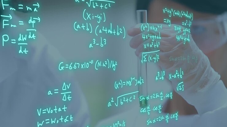 Animation of scientific data processing over caucasian female scientist in laboratory