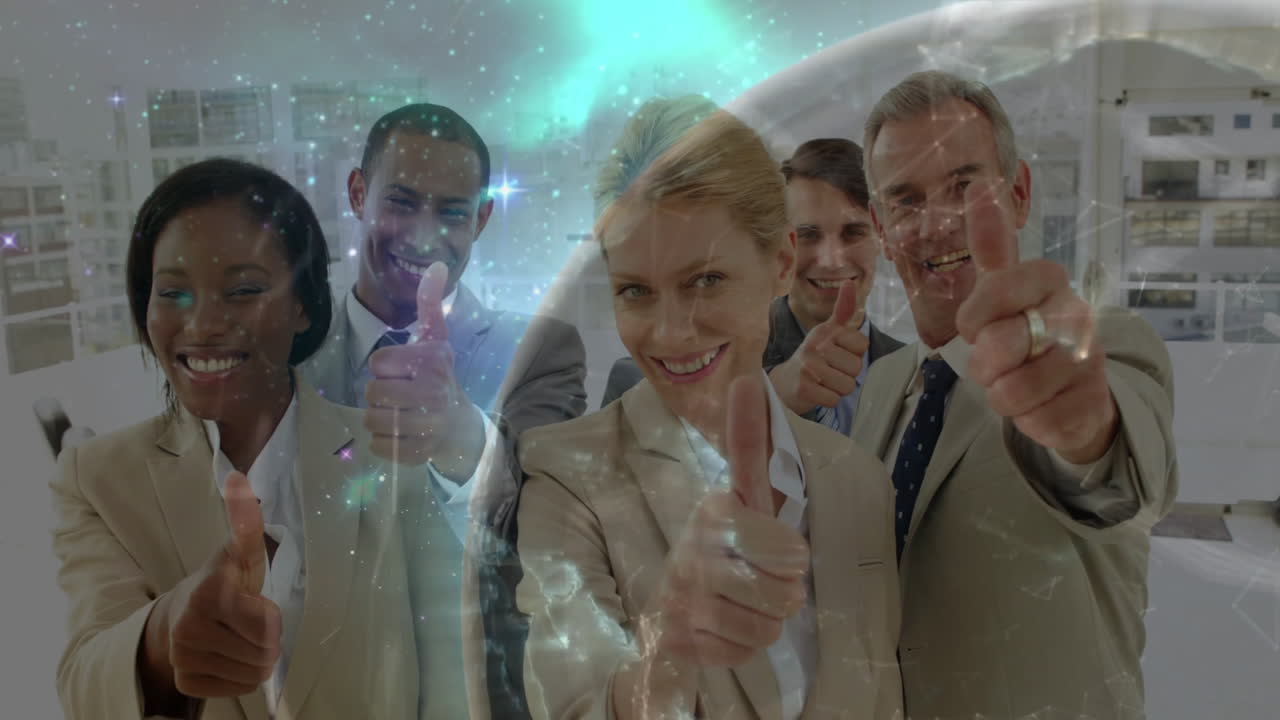 Diverse business team giving thumbs up with cosmic animation overlay
