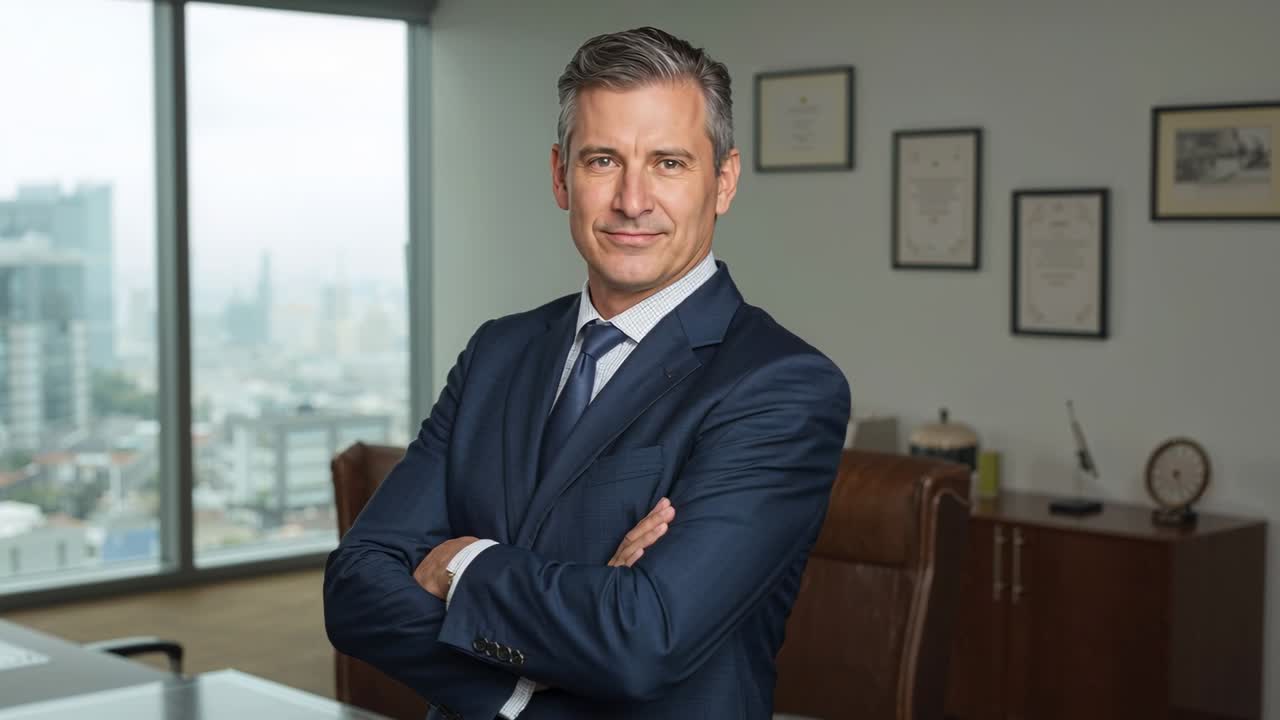 Reagindo à câmera se aproximando, homem de terno azul-marinho mudando de pose em um escritório executivo com vista para o horizonte