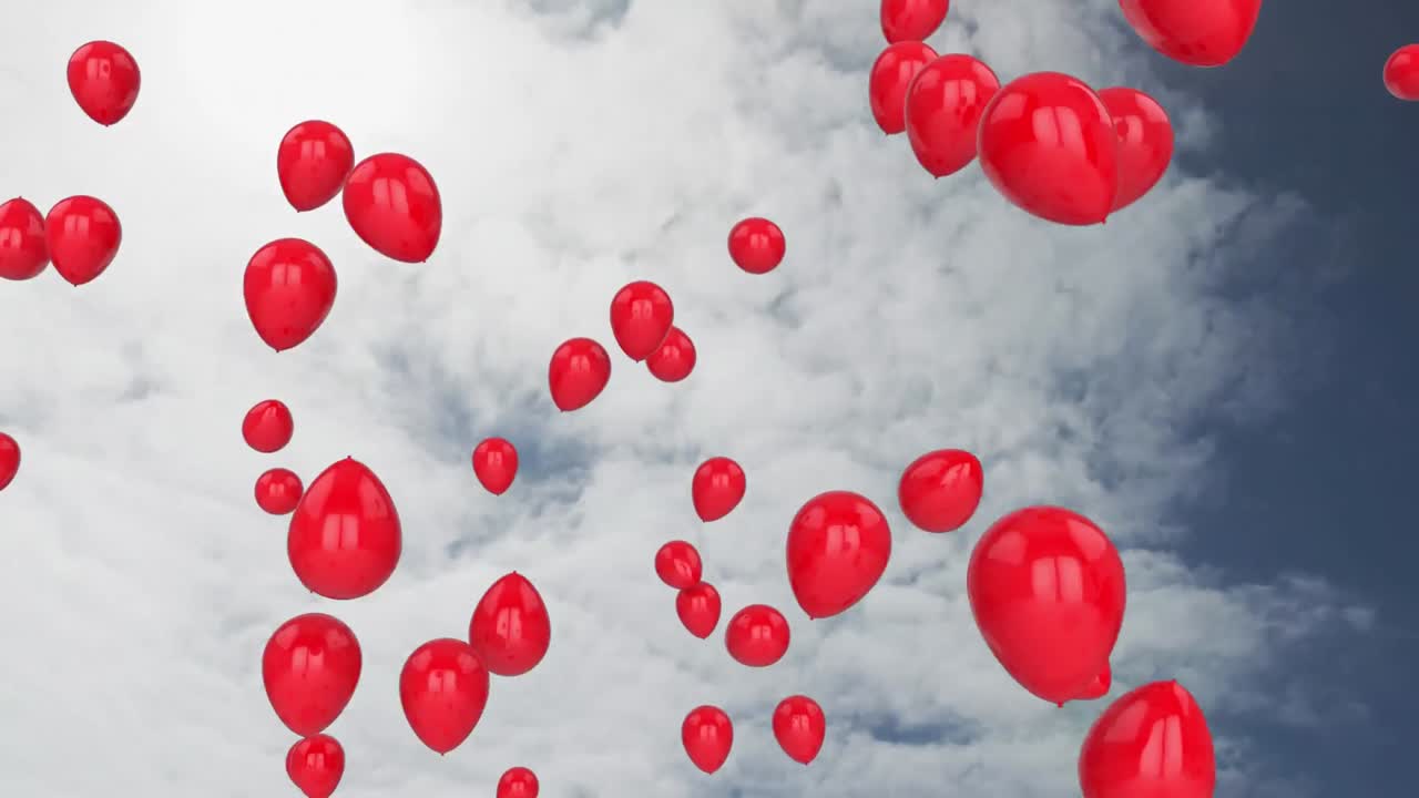 하늘에서 다채로운 풍선의 그룹의 애니메이션