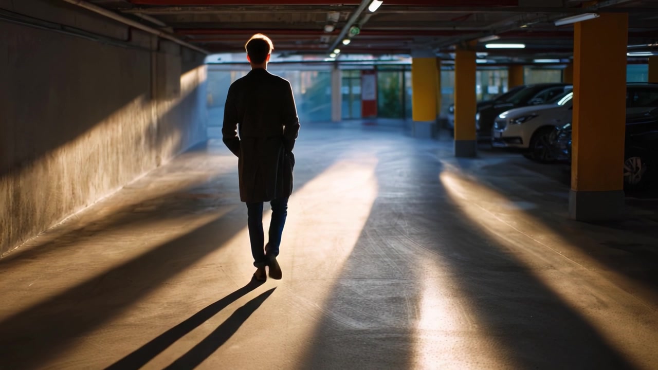 A solitary figure walks through a dimly lit parking garage, casting long shadows in a serene yet mysterious atmosphere, evoking a sense of isolation and contemplation.