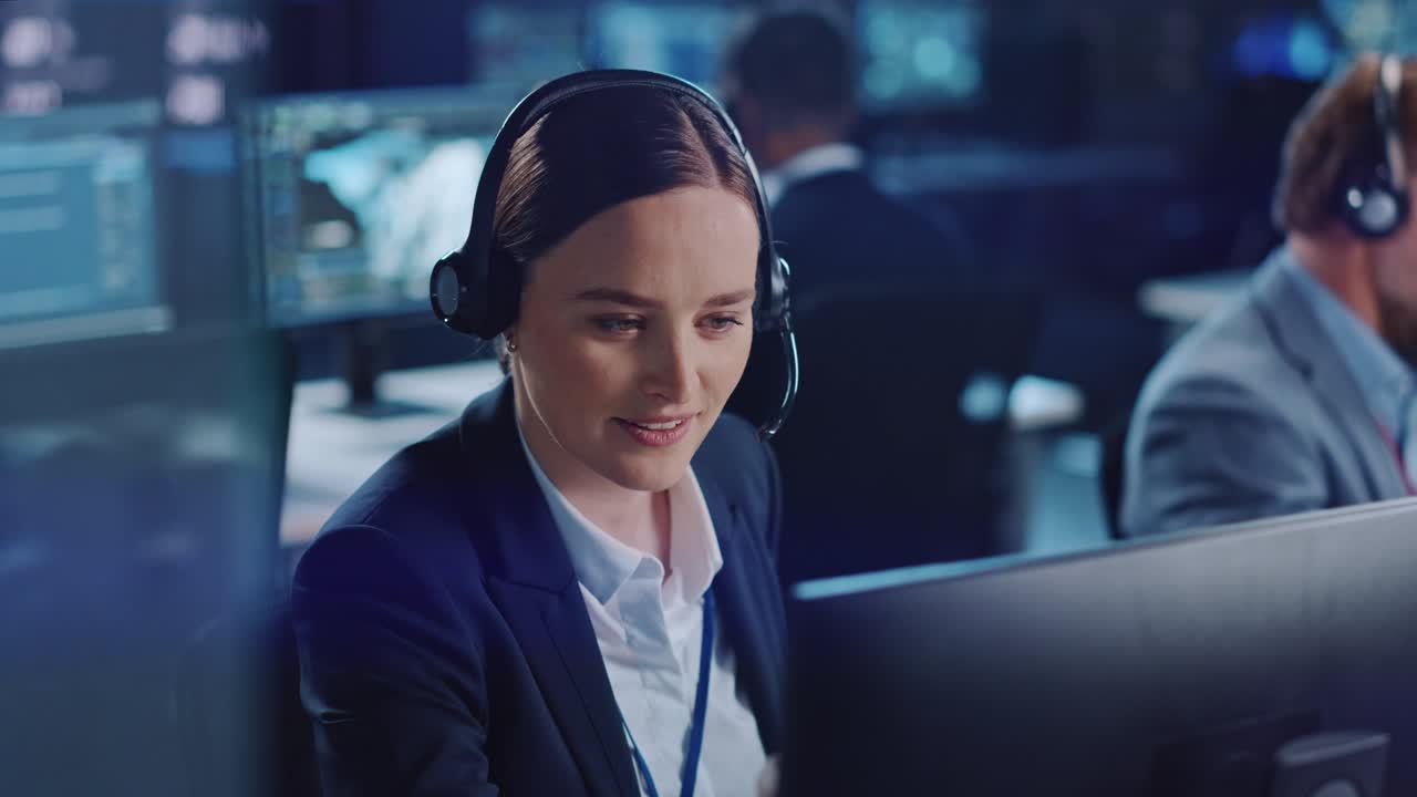 Happy Confident Technical Customer Support Specialist Having a Headset Call while Working on a Computer in a Dark Monitoring and Control Room Filled with Colleagues and Display Screens.