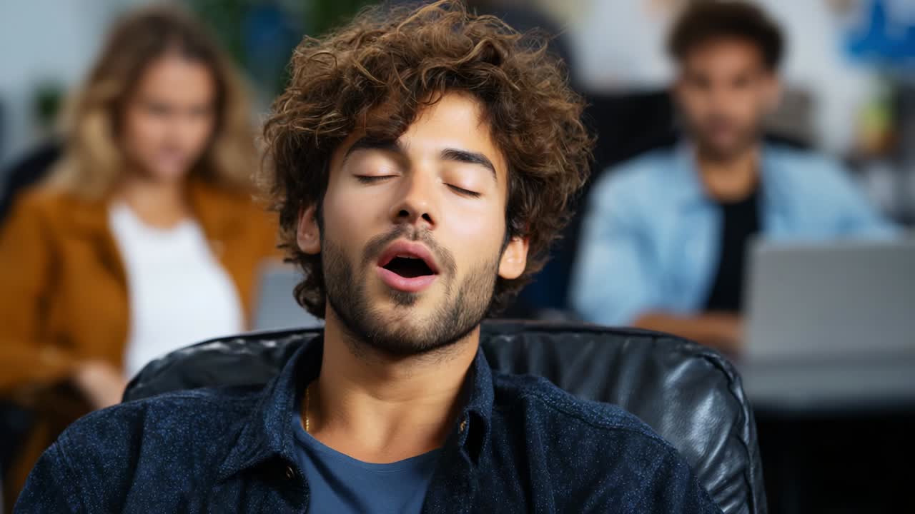 Relaxation in the Workplace: A Young Man Enjoys a Moment of Peace with His Eyes Closed, Embodying Calmness and Serenity Amidst the Bustling Office Environment of Colleagues