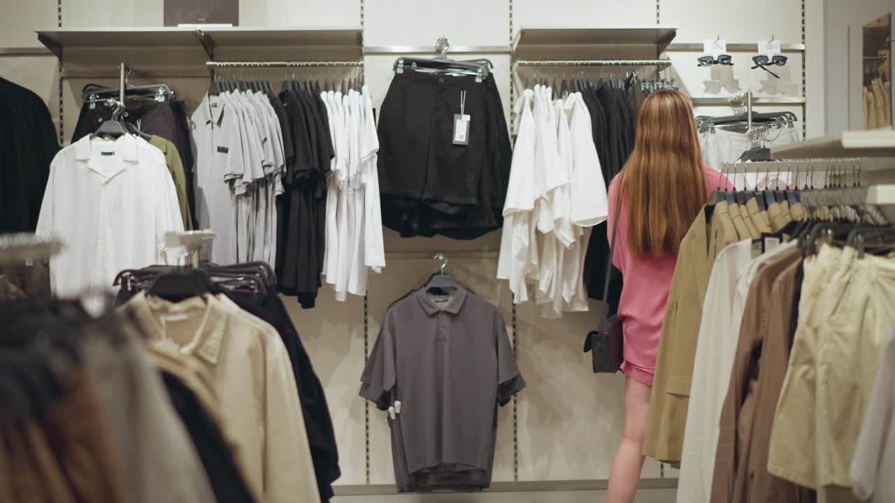 검은 드백과 함께 분홍색 드레스를 입은 여자가 옷 가게를 걸어서 검은 옷을 만지고 색 상자를 관찰합니다. 가게는 잘 조직되어 있고 옷이 끔하게 배열되어 있습니다.