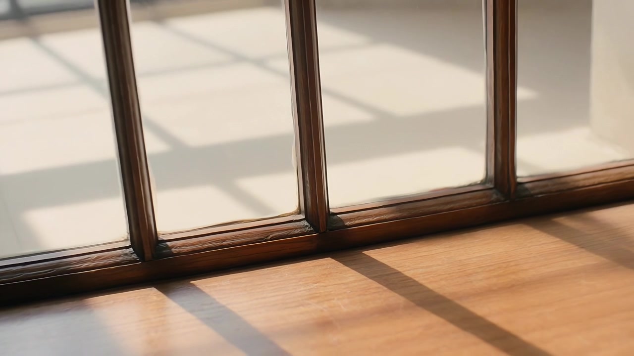 Camera pulling back, sunlight casting grid on wooden paned window and shallow sill in bright room