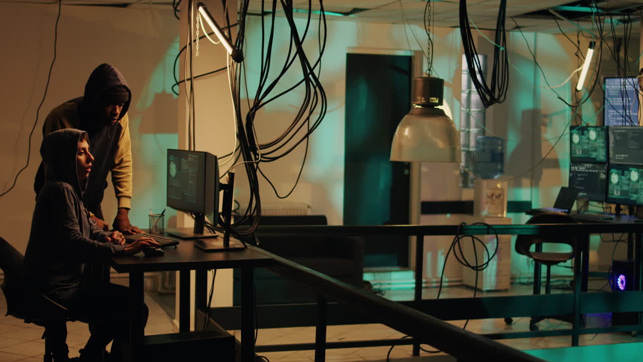 Hackers working in a dark room on computers