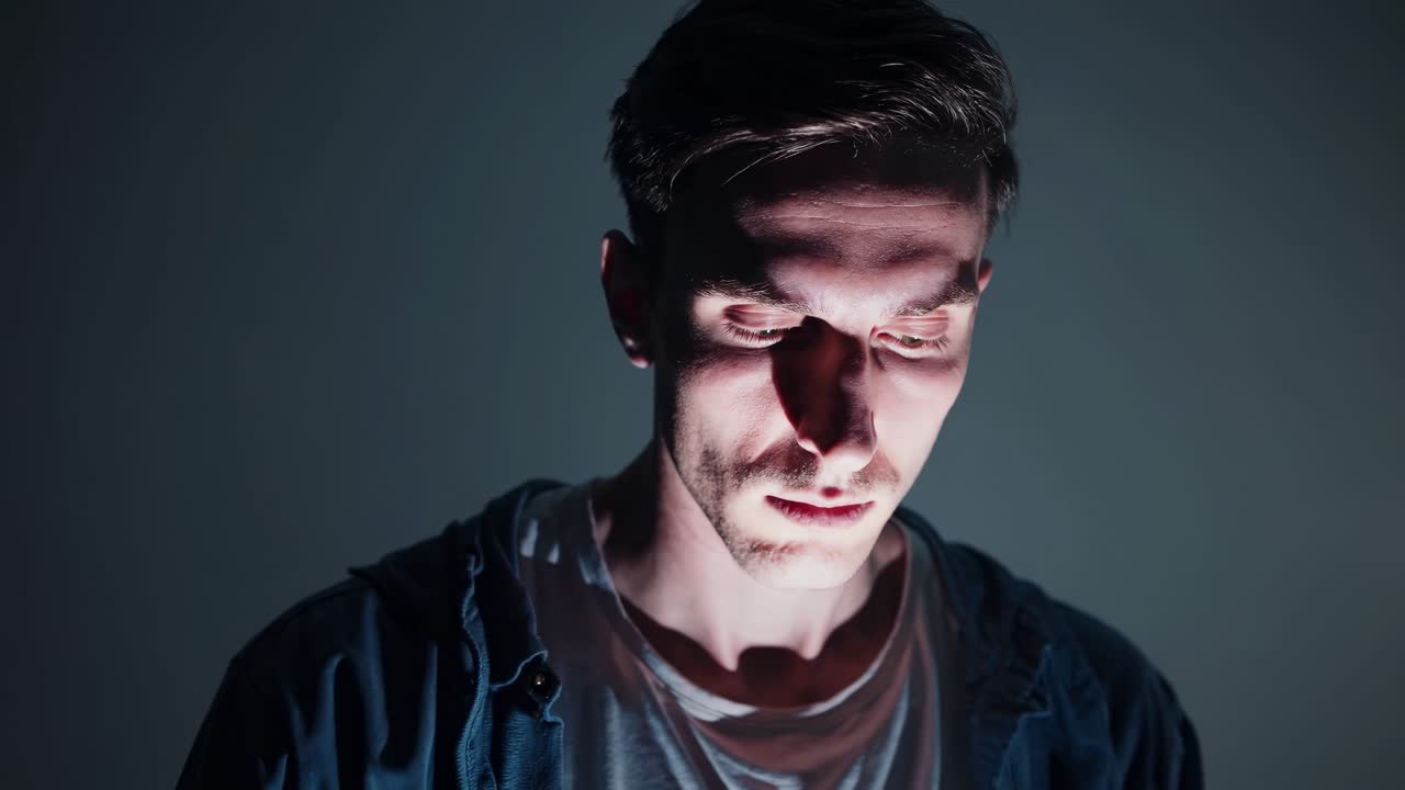 Young man is staring at the smartphone screen in a dark room, illuminated by the phone's light, creating a dramatic and mysterious atmosphere