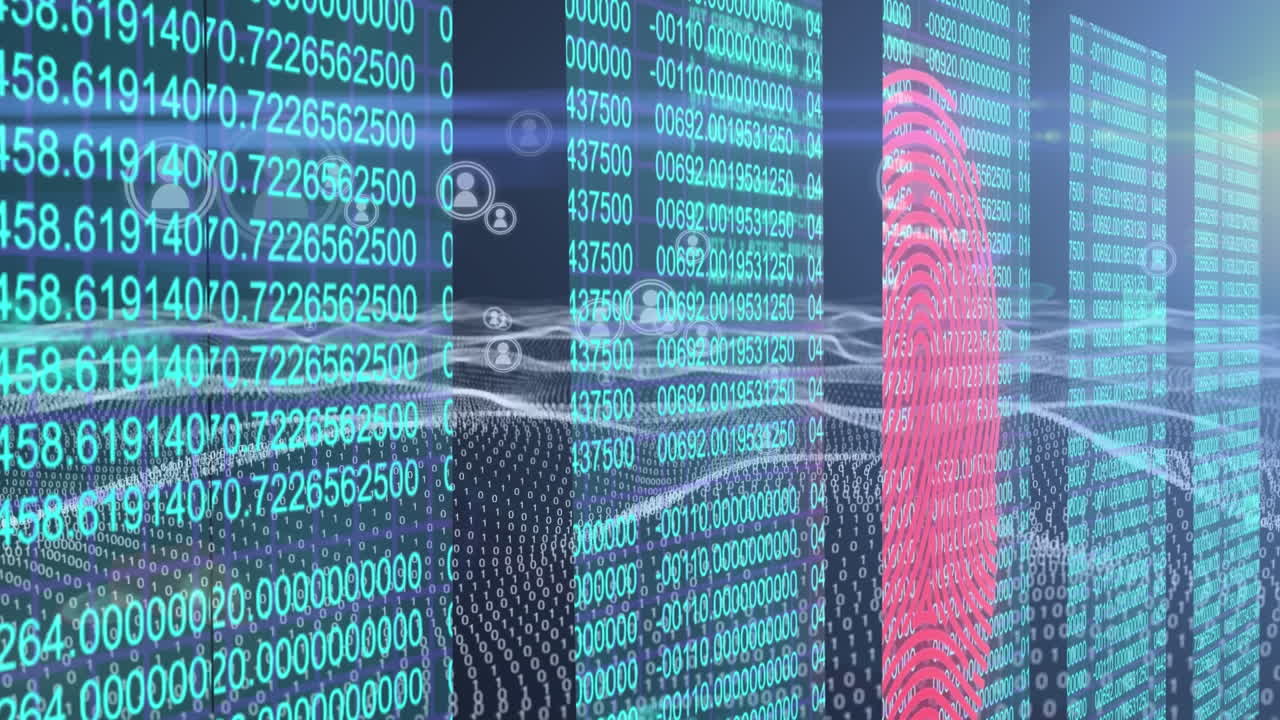 animación del procesamiento de datos e iconos sobre fondo negro