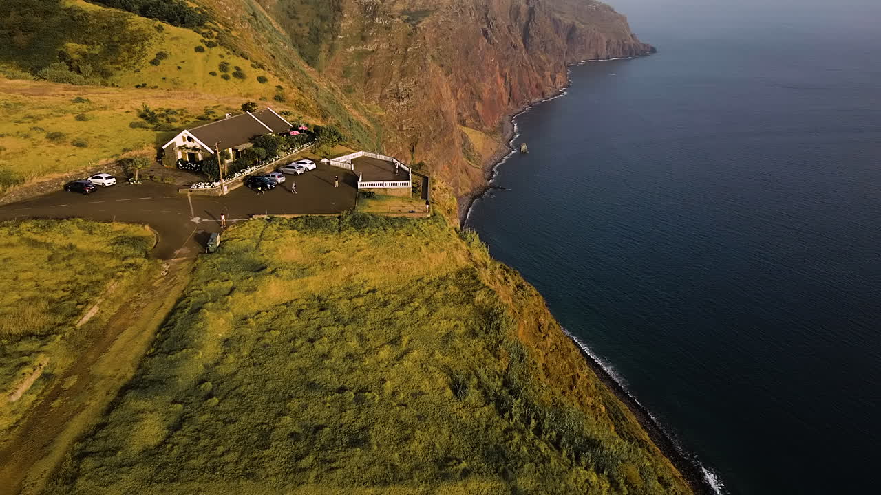 Restaurant And Scenic Lookout Of Miradouro Do Fio In Ponta Do Pargo, Portugal. aerial