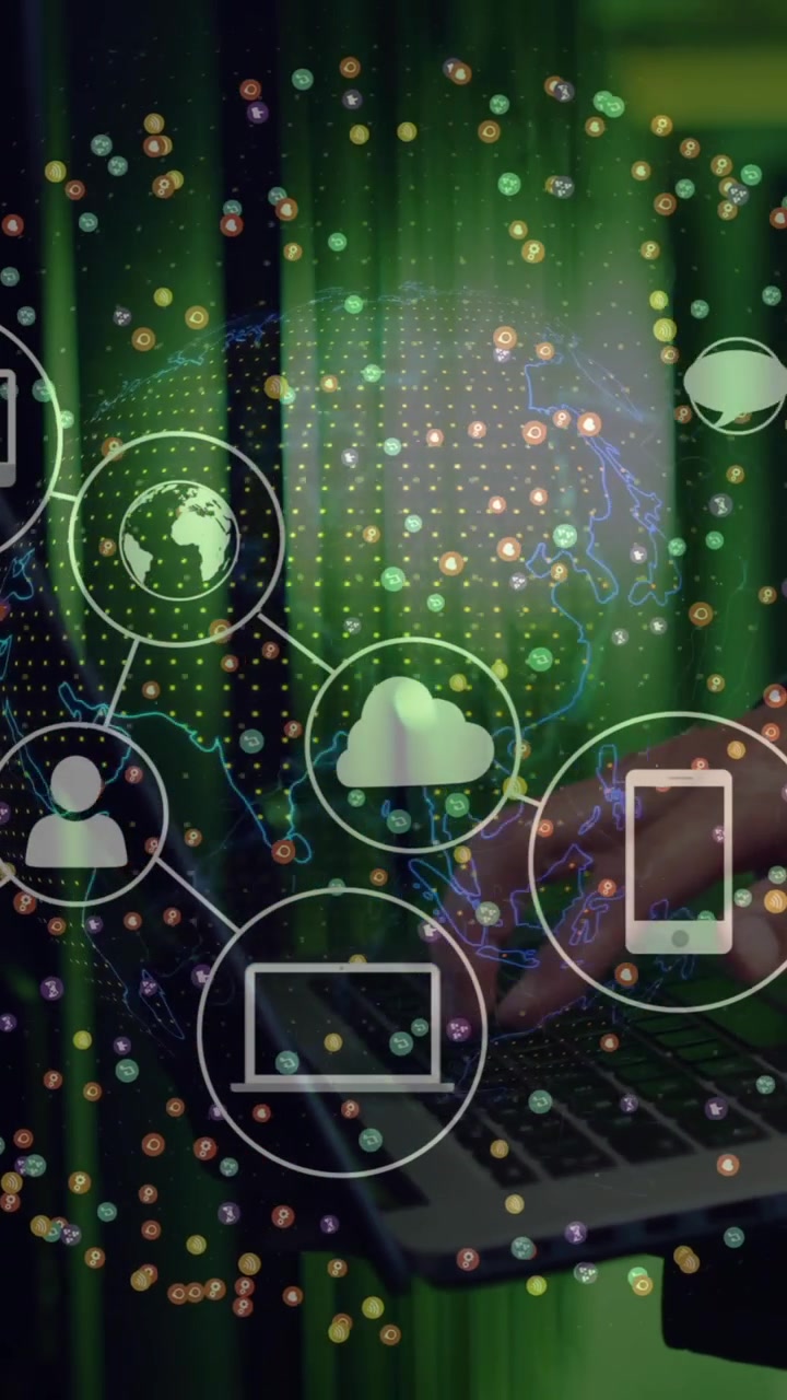 Digital network icons and data processing animation over person using laptop