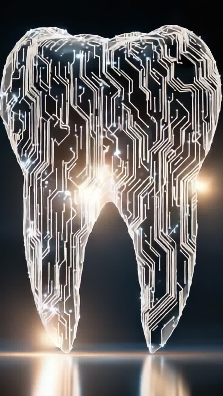 A Futuristic Tooth Design Combining Dental Care and Technology Featuring an Intricate Circuit Pattern Illuminated with Sparkling Lights