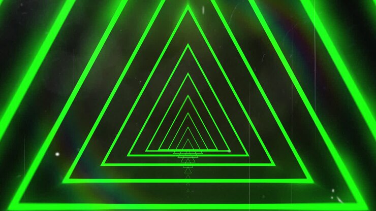 Animation of glowing neon green abstract tunnel with triangles moving on transparent background