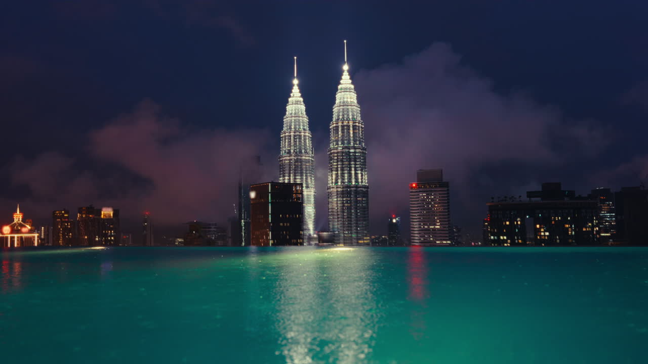 Night view of Kuala Lumpur city skyline, reflecting in a rooftop pool