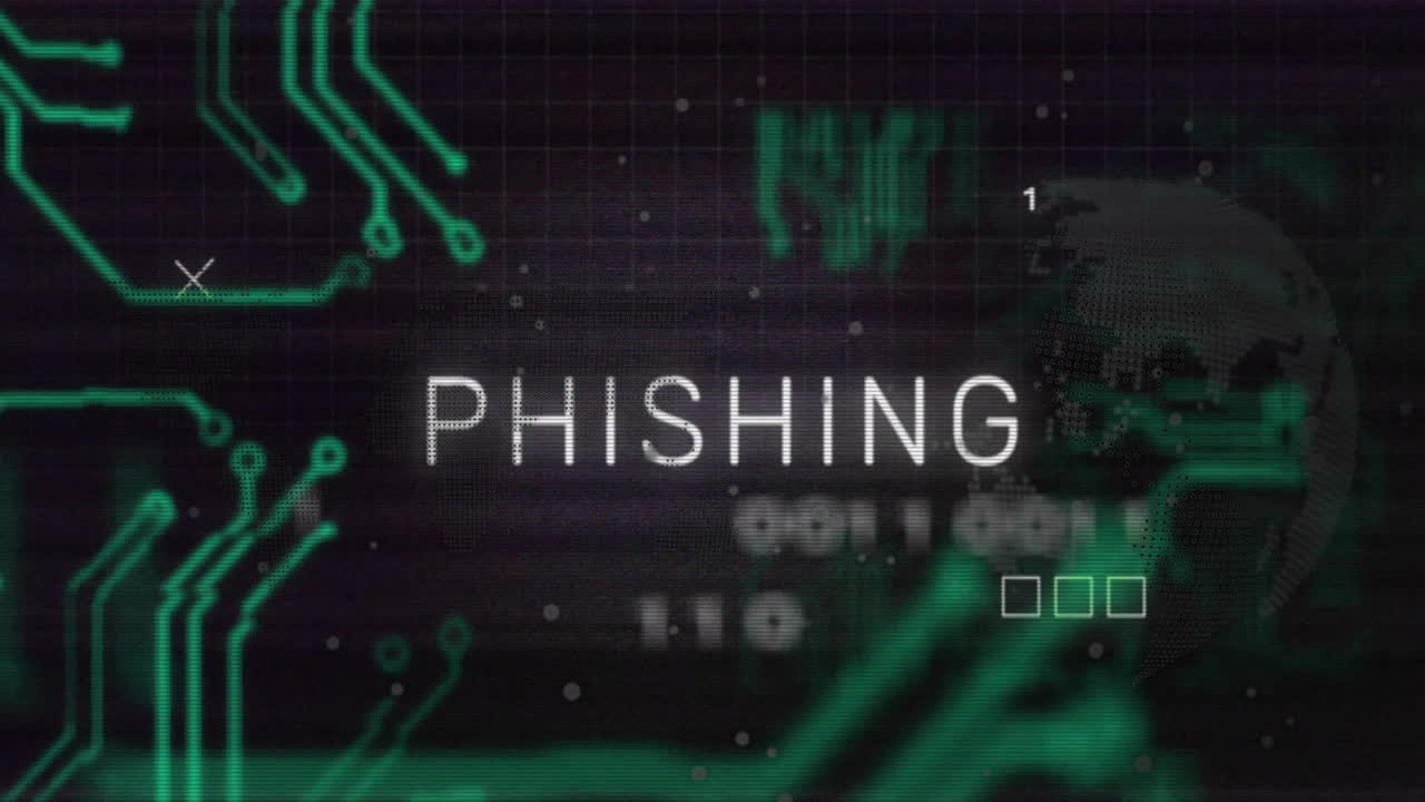 Animação de texto de phishing e processamento de dados digitais sobre placa de circuito de computador