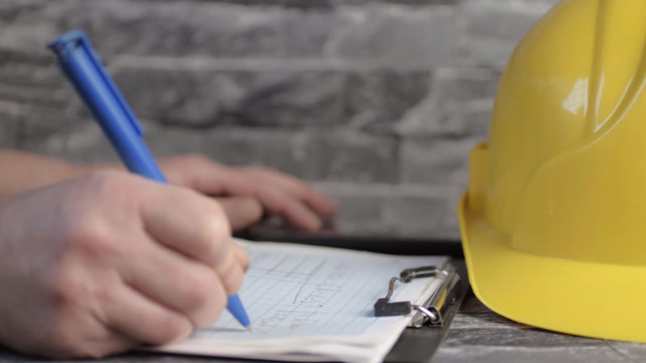 Pencil and drawings on graph paper with ruler and yellow hard safety hat medium panning shot