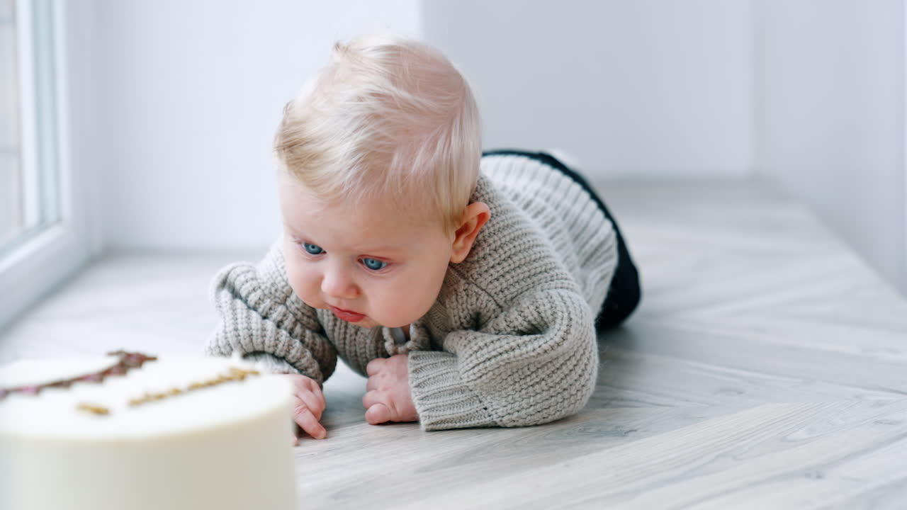 Lovely infant baby in grey sweater lies near the cake. Cute child tries to reach the cake.