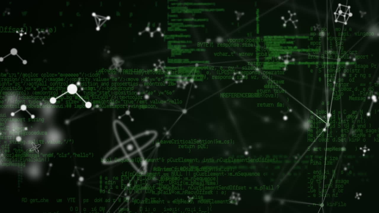 Animation of connections and green data processing, on black