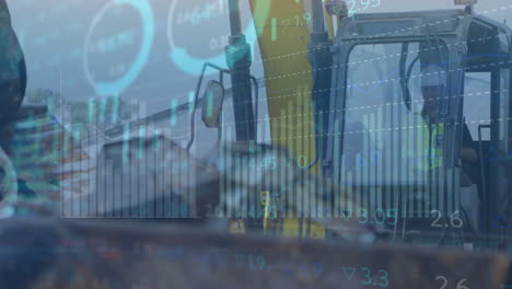 animazione dell'elaborazione dei dati del mercato azionario su un veicolo idraulico che opera in una discarica