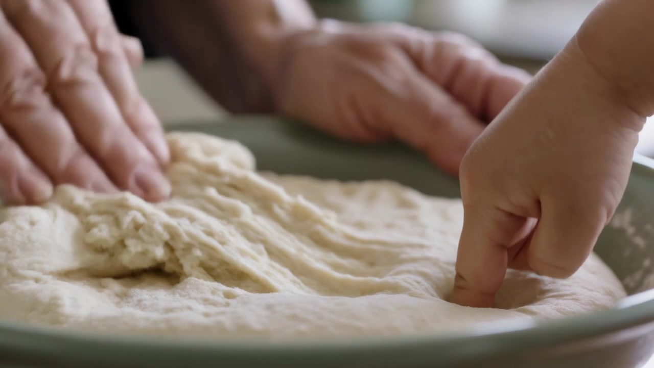 Un dito di bambino punzecchia l'impasto, mentre mani adulte lo premono e sollevano in una ciotola sul bancone della cucina per testarlo.