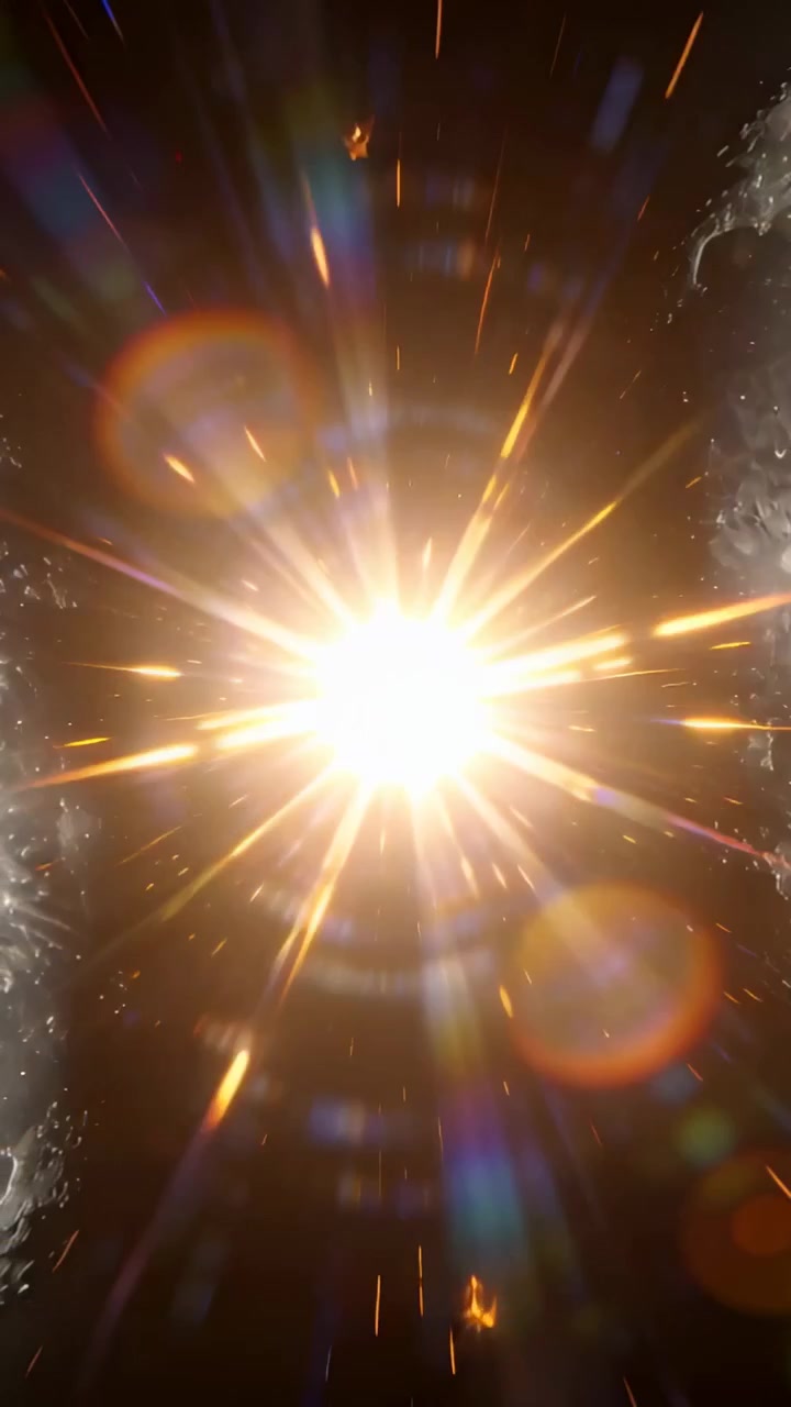 Video verticale: Bagliore esplosivo che emette raggi, anelli di lente e scintille arancioni, rivelando colonne nel vuoto.