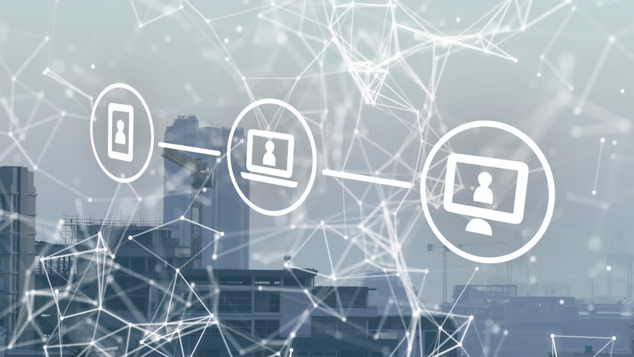 iconos digitales y y red de conexiones contra vista aérea del paisaje urbano