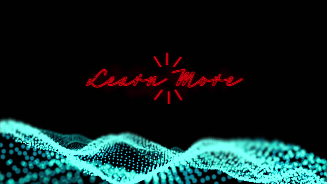 Animation of learn more neon text and data processing over black background