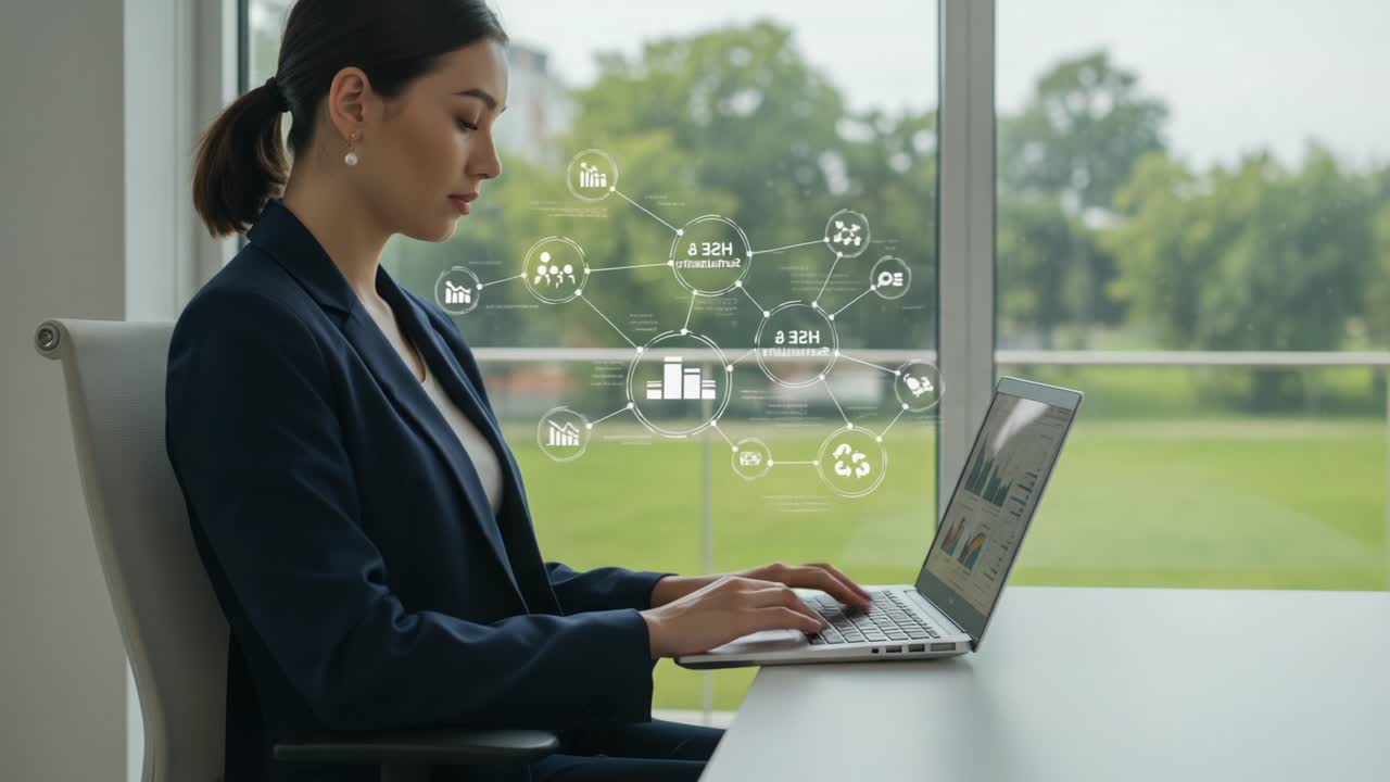 Focused Business Professional Analyzing Data Trends on Laptop While Sitting by the Window in a Modern Office Environment with Digital Graphics Overlay