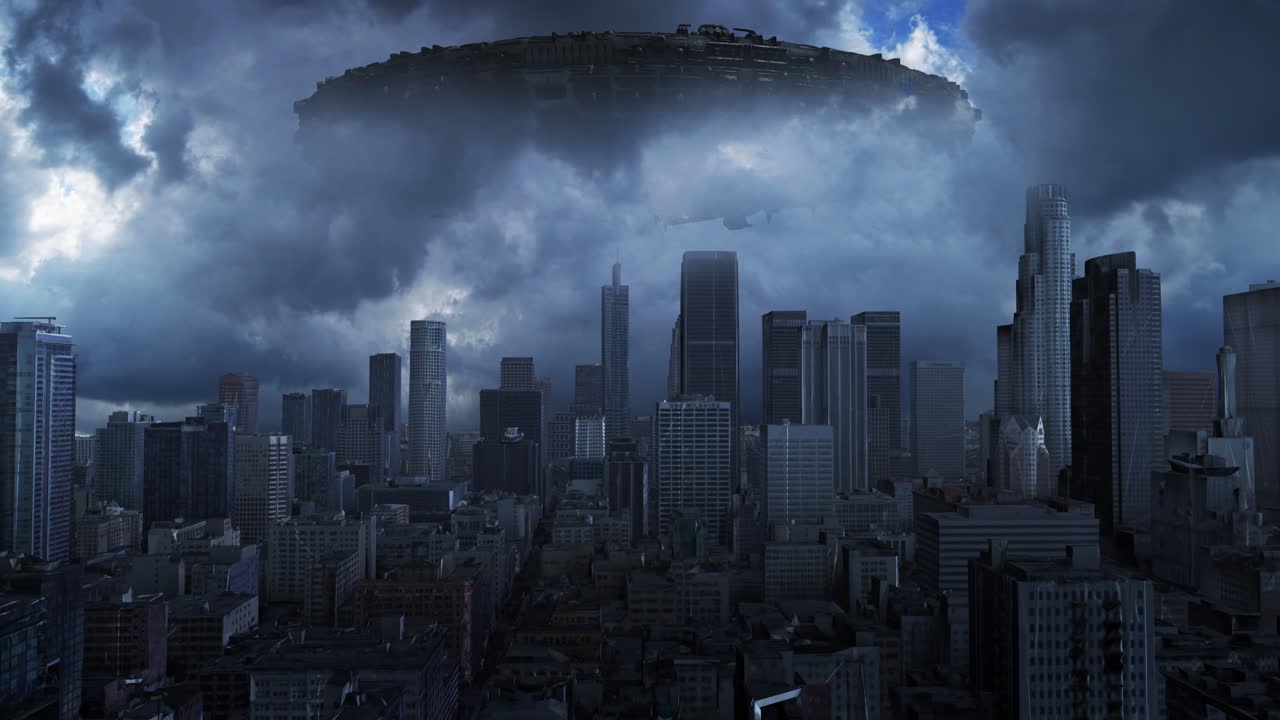 Fütüristik bir şehir manzarasının üzerinde UFO