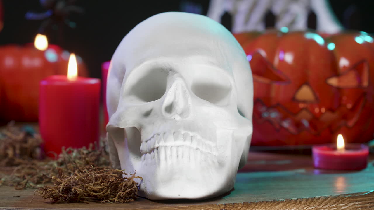 Halloween decorations with skull and pumpkins