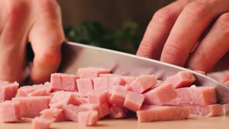 ham italian mordatella, man slices of traditional italian antipasti mortadella sausage on a wooden cutting board, close up macro of chicken or turkey jamon, fat breakfast dish.