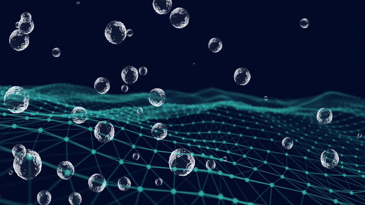 Animation of network of connections with digital people icons over green mesh