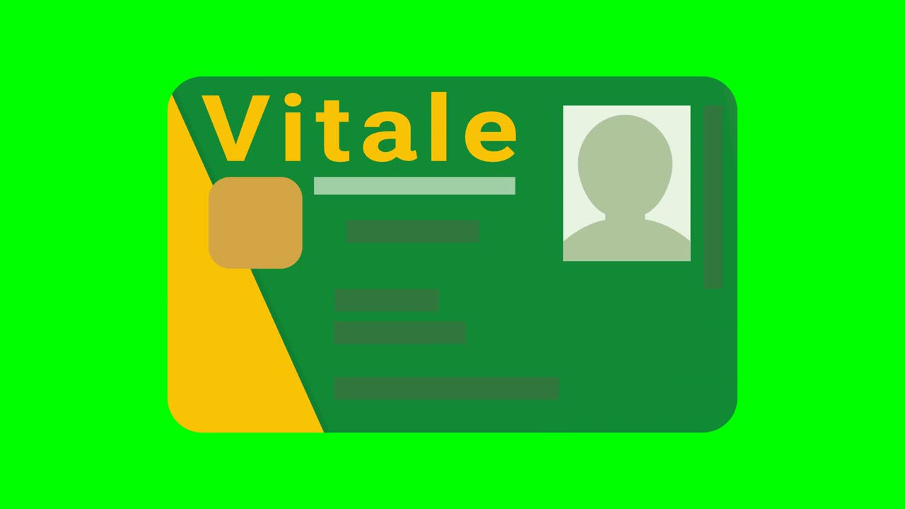 Passage of a French health insurance card from left to right on green background (flat design)