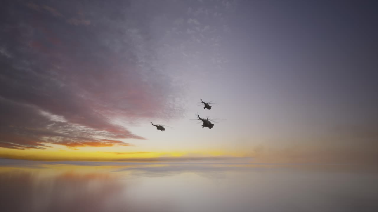 Militærhelikopterformation flyvende ved solnedgang eller solopgang gennem en skyet himmel