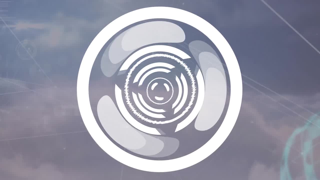 animación de un patrón abstracto en círculo y puntos conectados con líneas sobre un paisaje celeste en movimiento