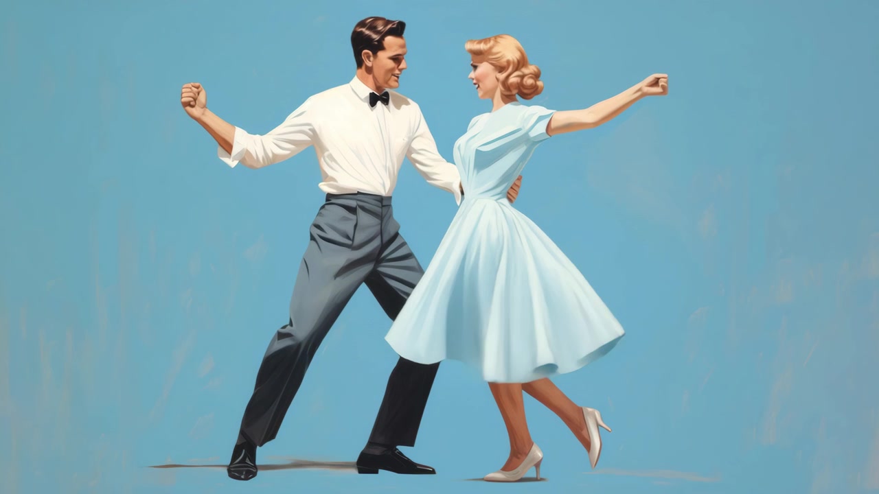 Couple Dancing in 1950s Style Clothing Against Blue Background