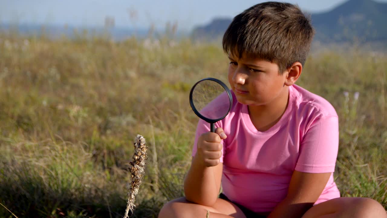 un niño mirando una planta a través de una lupa