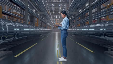 full body side view of an asian female professional worker standing with her laptop in a in big warehouse filled with metal pipes, typing and dissapionted with nodding her shead