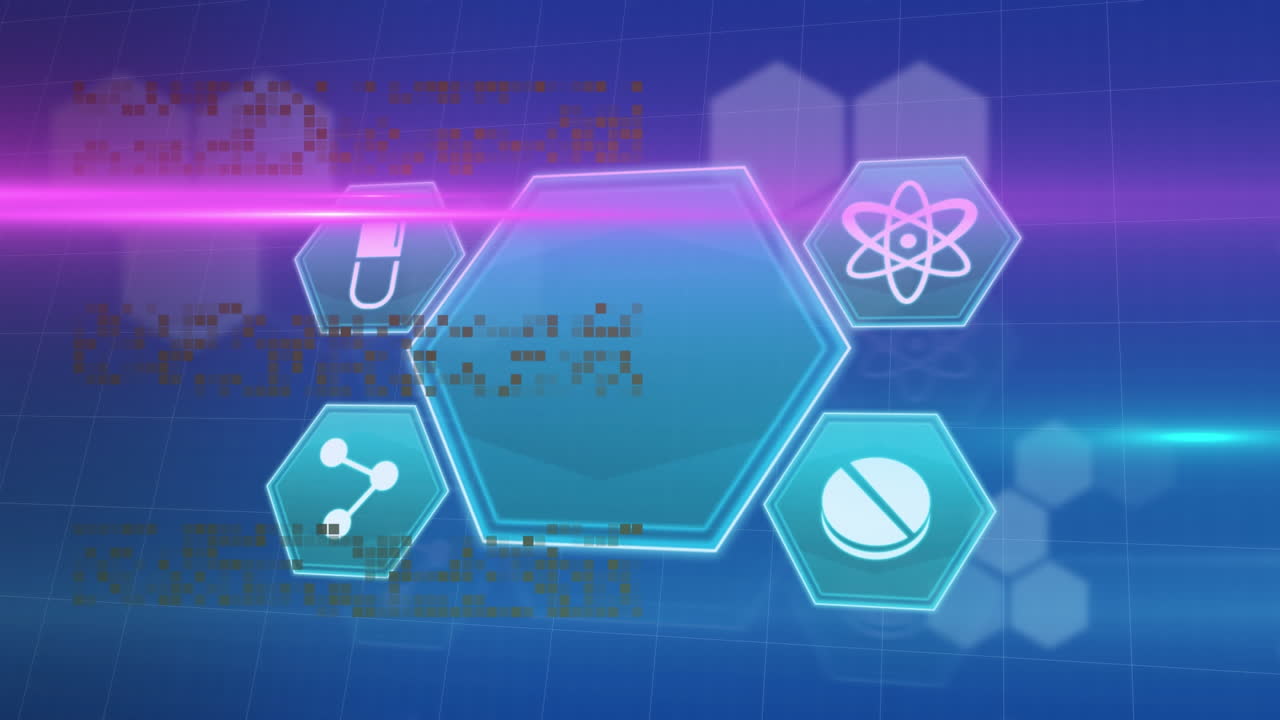 Animation of light trails with data processing and icons on blue background