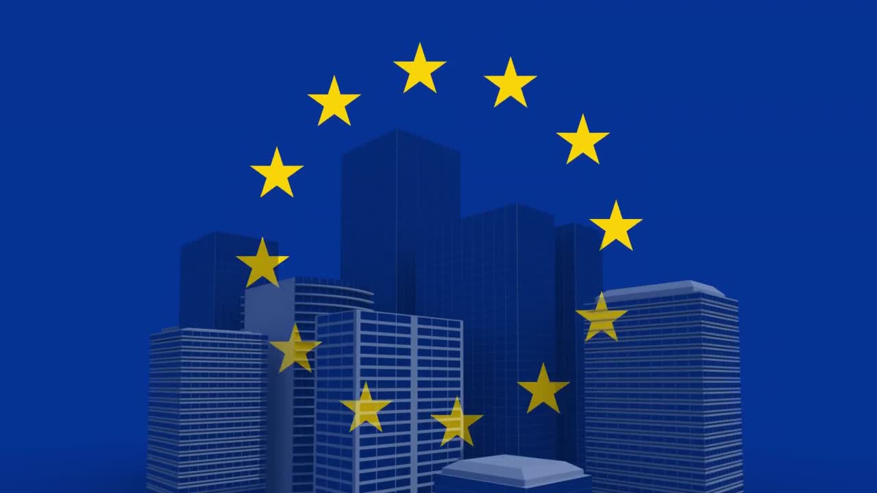 노란색 별들이 파란색 배경에 있는 높은 건물 위에서 회전하고 있습니다.