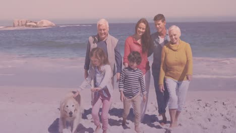 Familia-Caucásica-De-Tres-Generaciones-Con-Perro-Mascota-Caminando-Juntos-En-El-Jardín