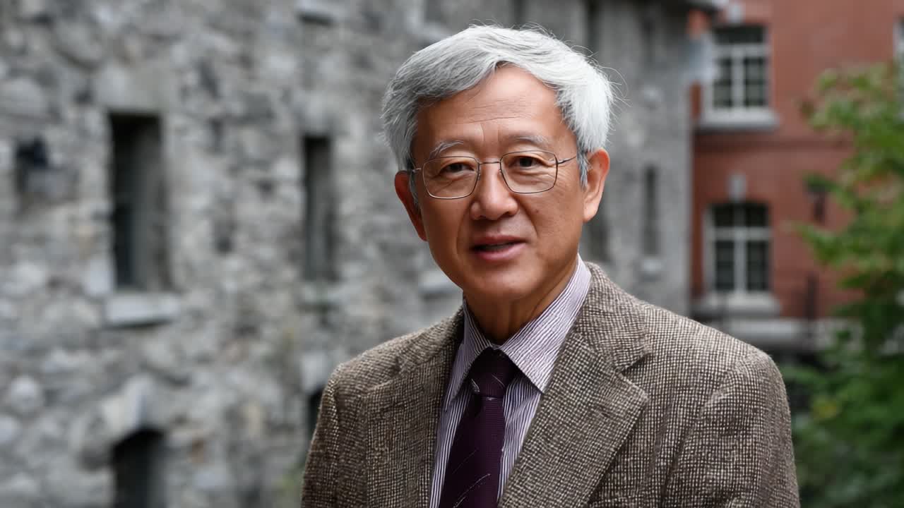 An elderly man with silver hair and glasses stands confidently in front of a historic stone building, sharing his knowledge and insights in a relaxed outdoor environment