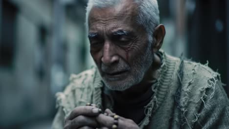a somber reflection: an elderly man contemplates life amidst urban decay, holding prayer beads in a poignant moment of solitude